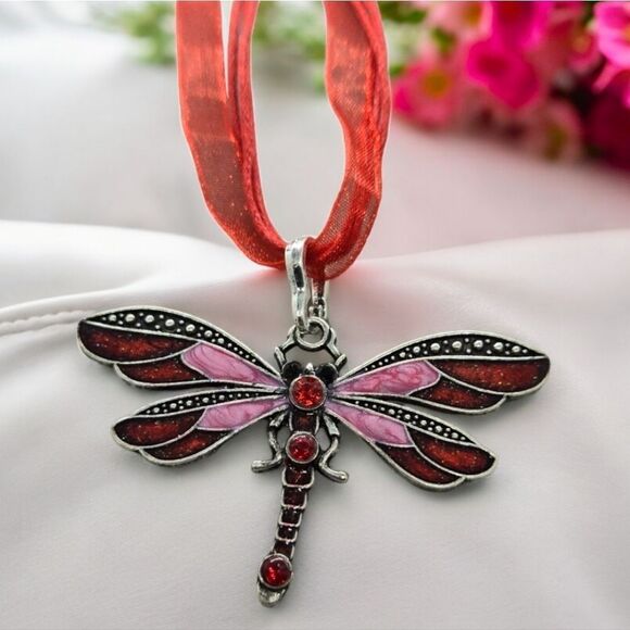 Red Dragonfly Rhinestone Enamel Pendant Ribbon Cord Necklace Fairy Kawaii Whimsy - Picture 1 of 8